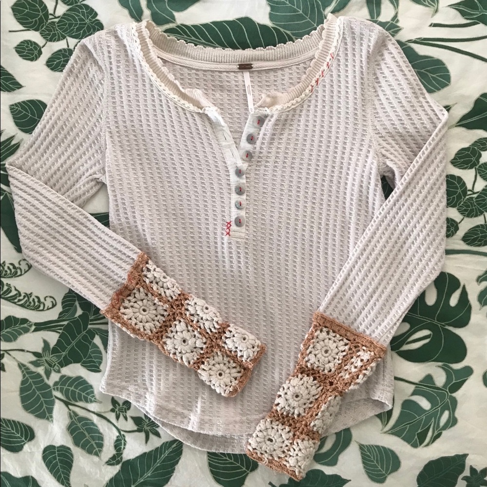 Free People Crochet-Sleeve Button Down Thermal
